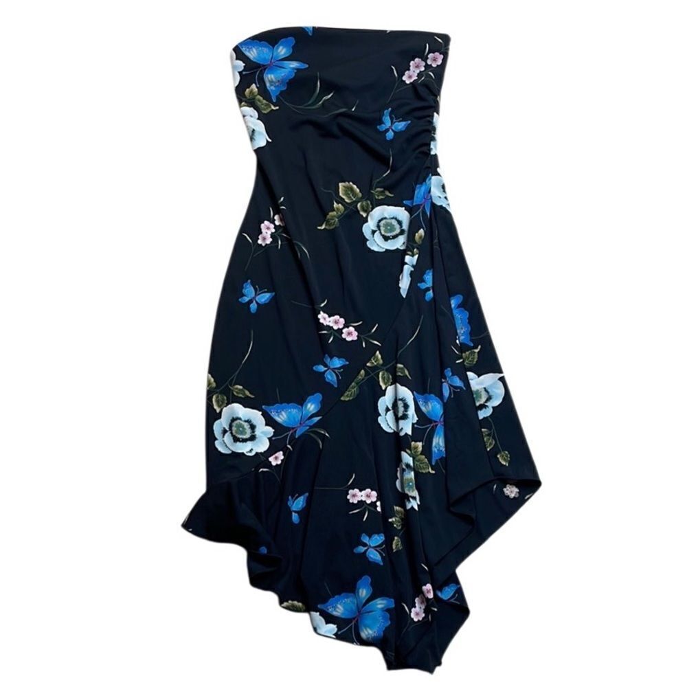 Y2K Vintage Hourglass Butterfly Floral Strapless Dress - Black and Blue Small